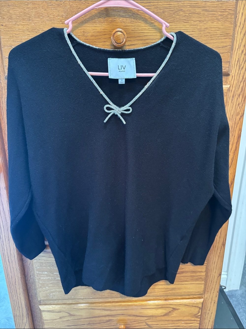 LIV Black V-Neck Sweater with Silver Trim and Bow